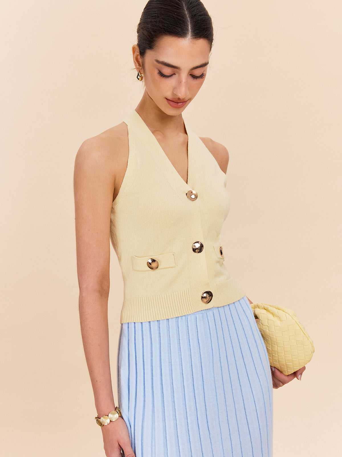 Halter Neck Ribbed Knit Vest With Decor Pockets