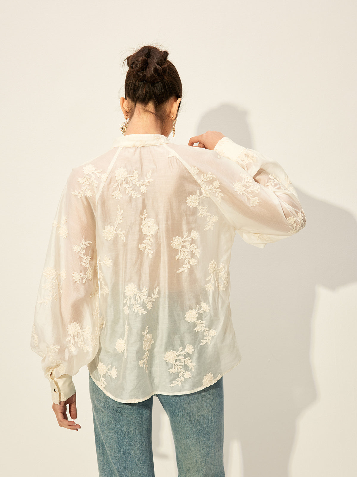 Semi-Sheer Embroidered Button-Front Blouse