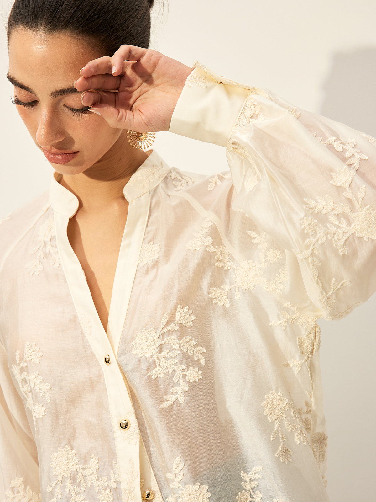 Semi-Sheer Embroidered Button-Front Blouse
