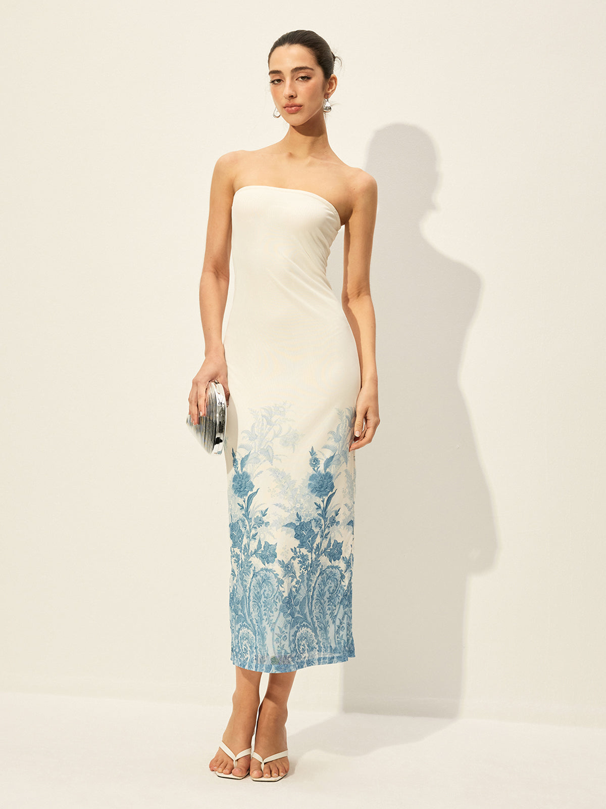 Strapless Mesh Dress With Floral Print Hem