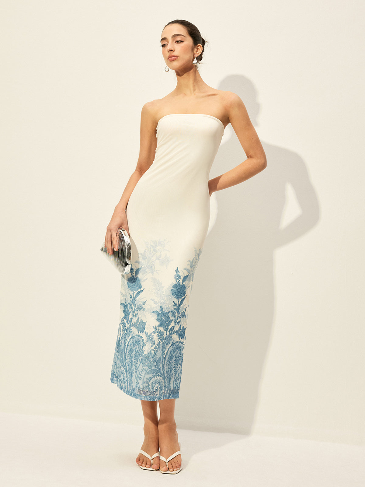 Strapless Mesh Dress With Floral Print Hem