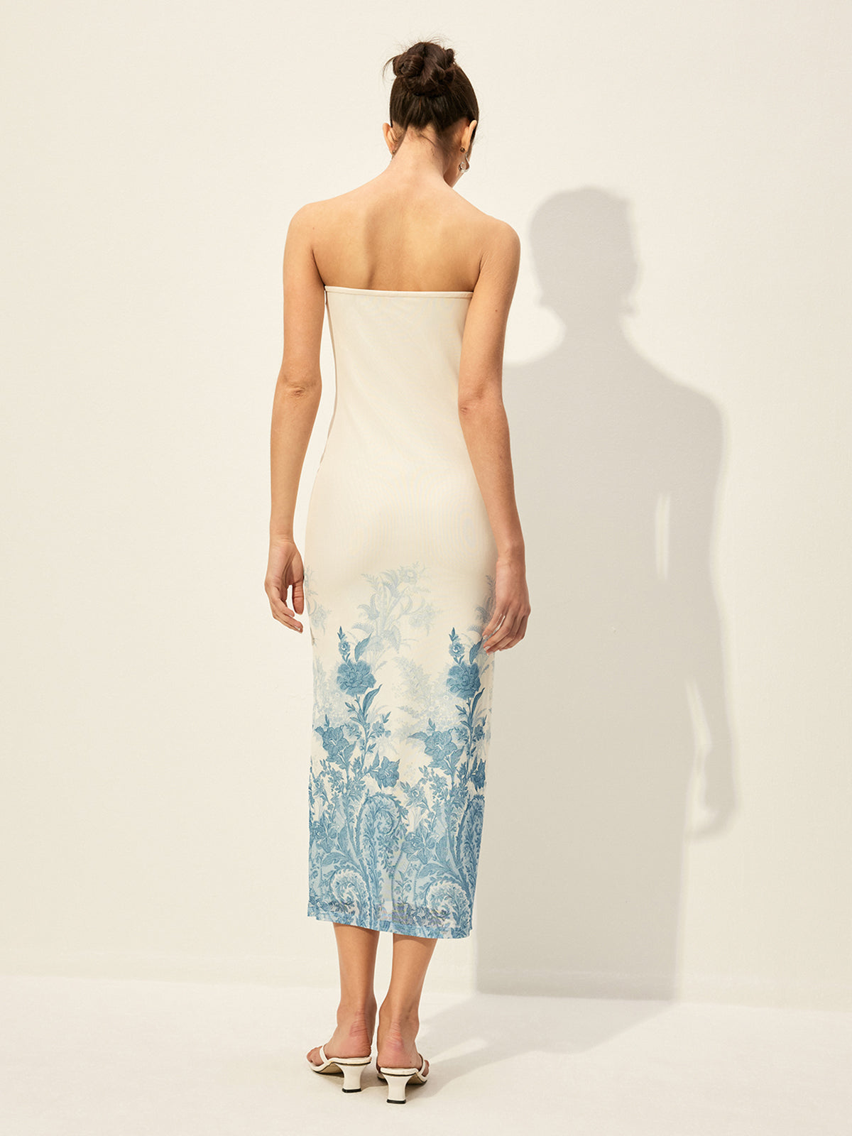 Strapless Mesh Dress With Floral Print Hem