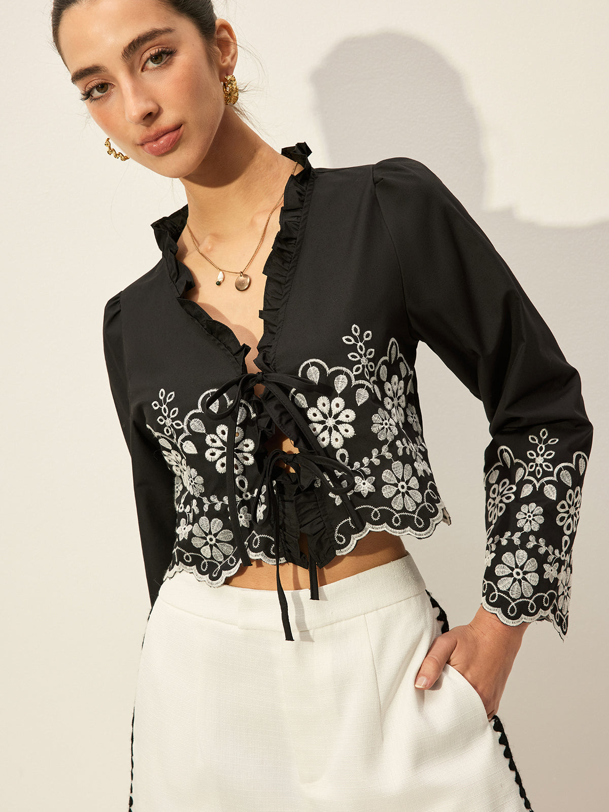 Embroidered Tie-Front Top
