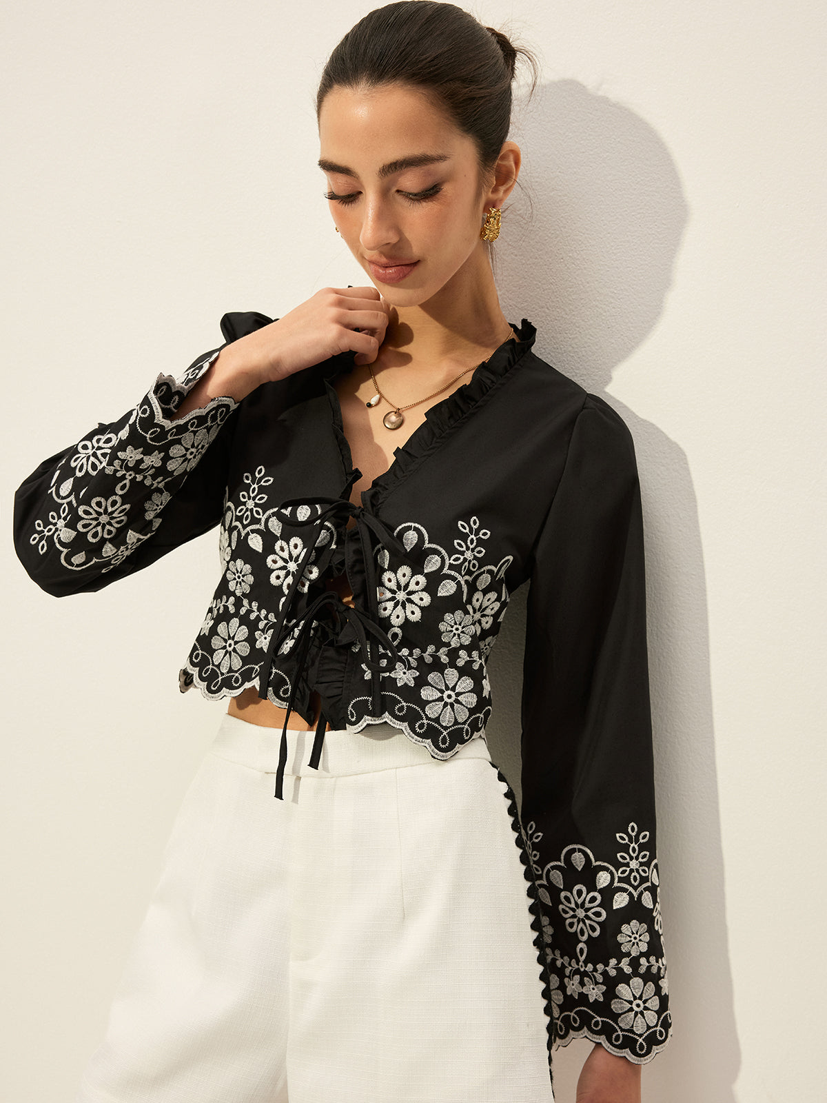 Embroidered Tie-Front Top