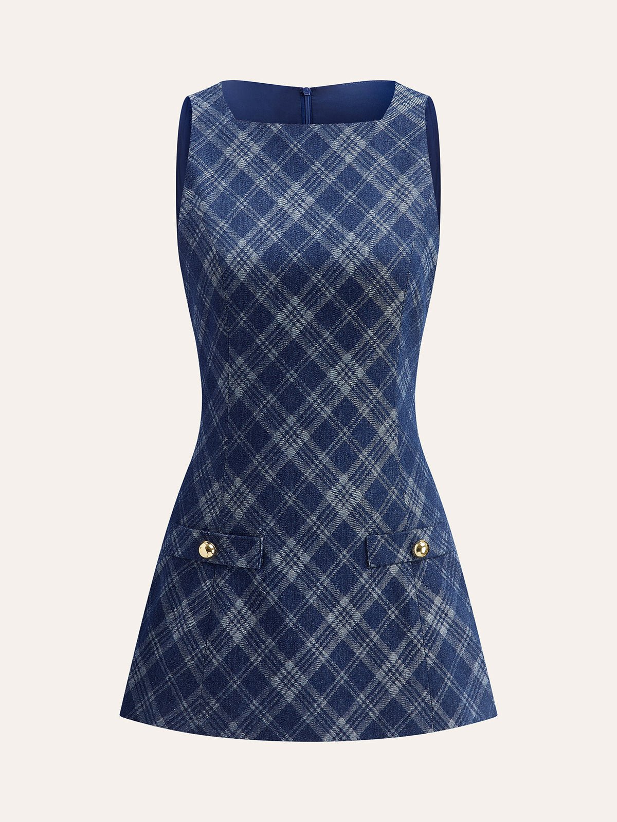 Robe en jean à col rond, poches décoratives et boutons métalliques