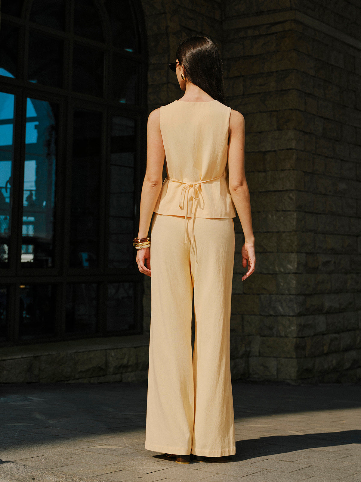 Ensemble haut cache-cœur et pantalon en coton et lin