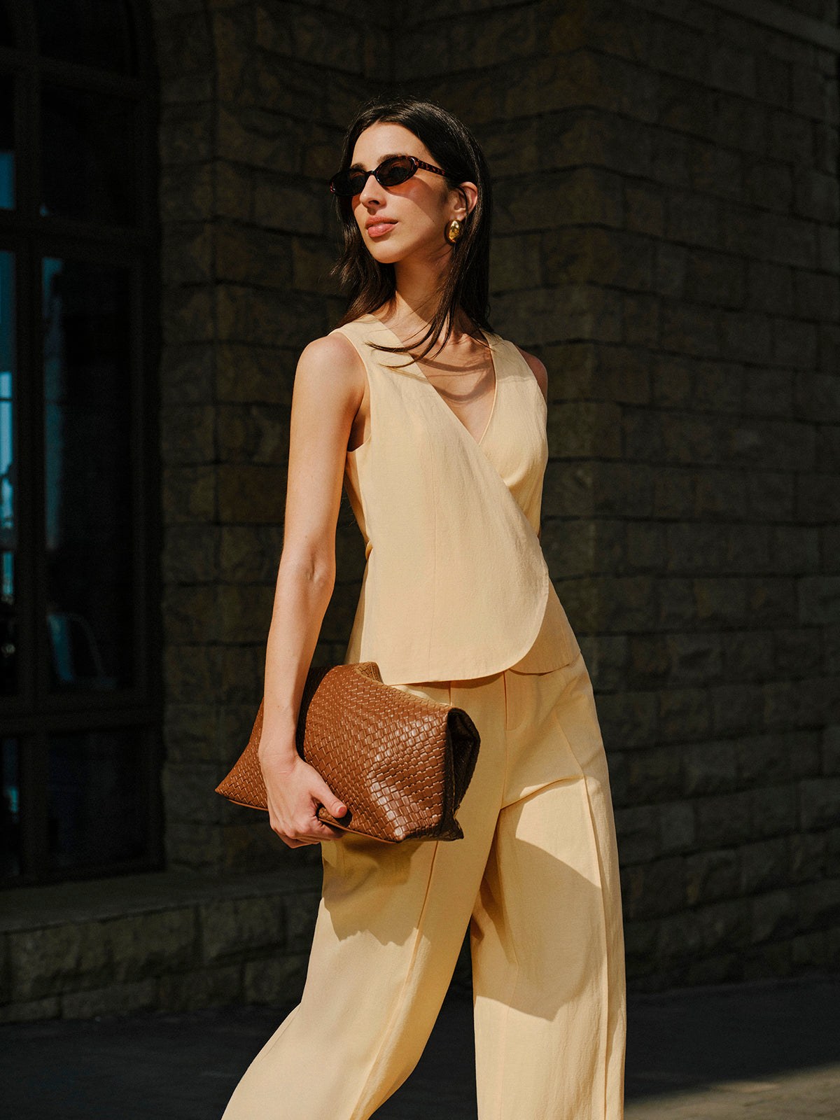 Ensemble haut cache-cœur et pantalon en coton et lin