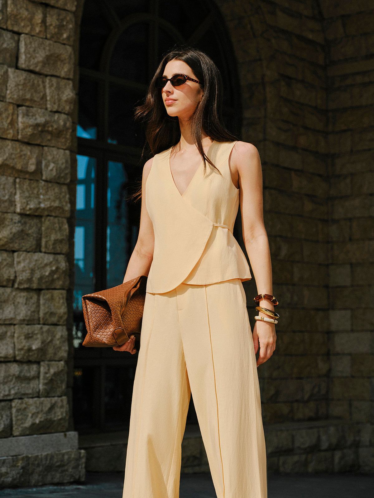 Ensemble haut cache-cœur et pantalon en coton et lin