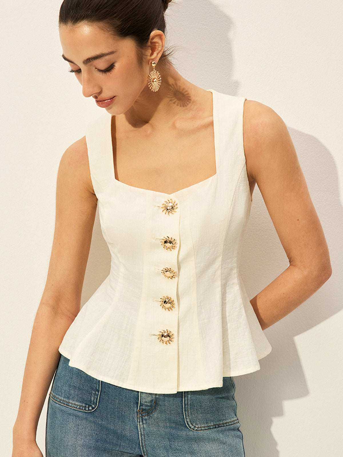 Peplum-Top mit eckigem Ausschnitt und Knopfleiste