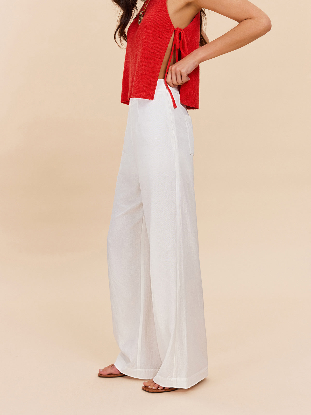 Pantalon taille haute semi-transparent en coton et lin