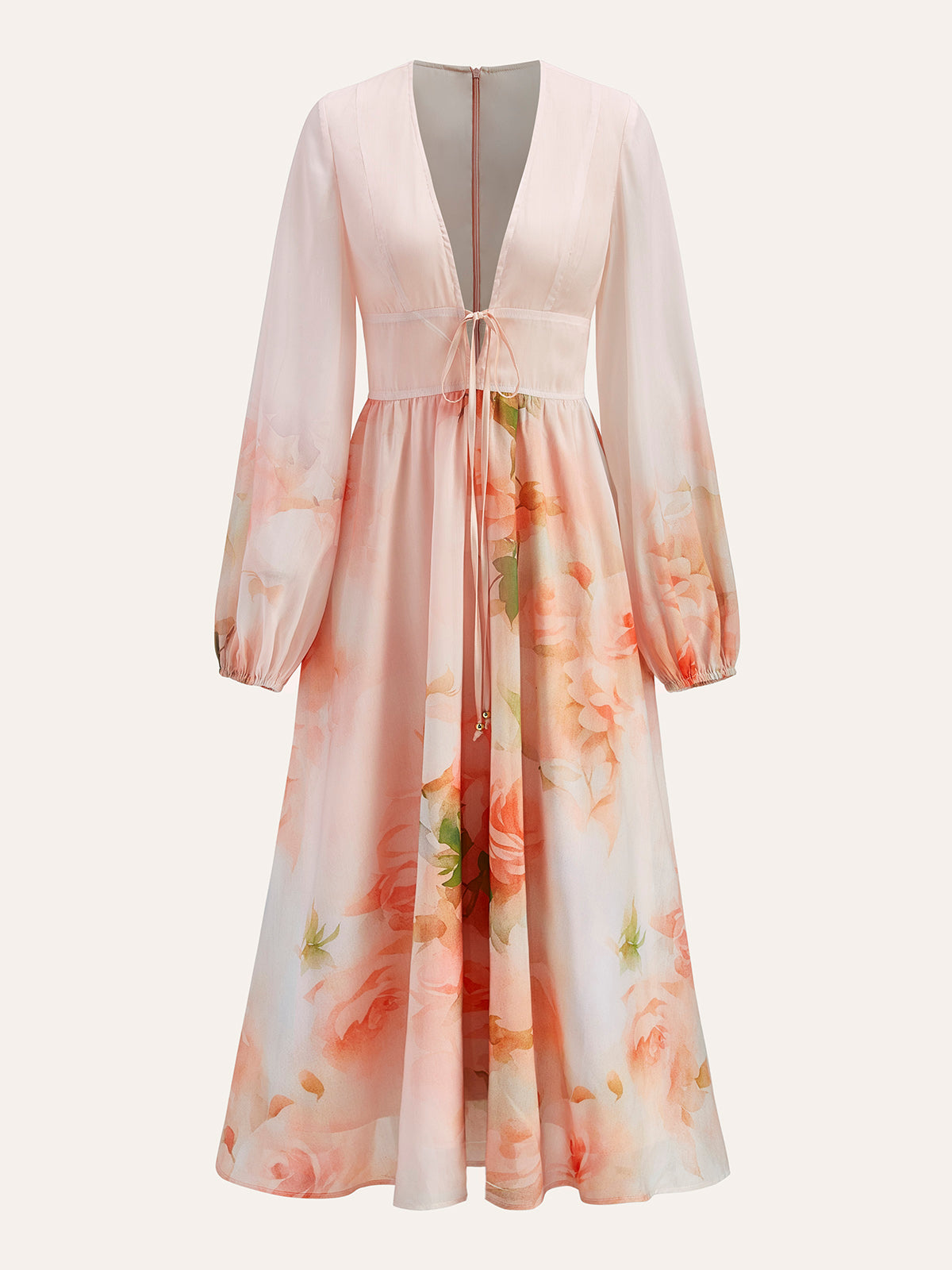 Robe fleurie semi-transparente à manches ballon avec liens de serrage