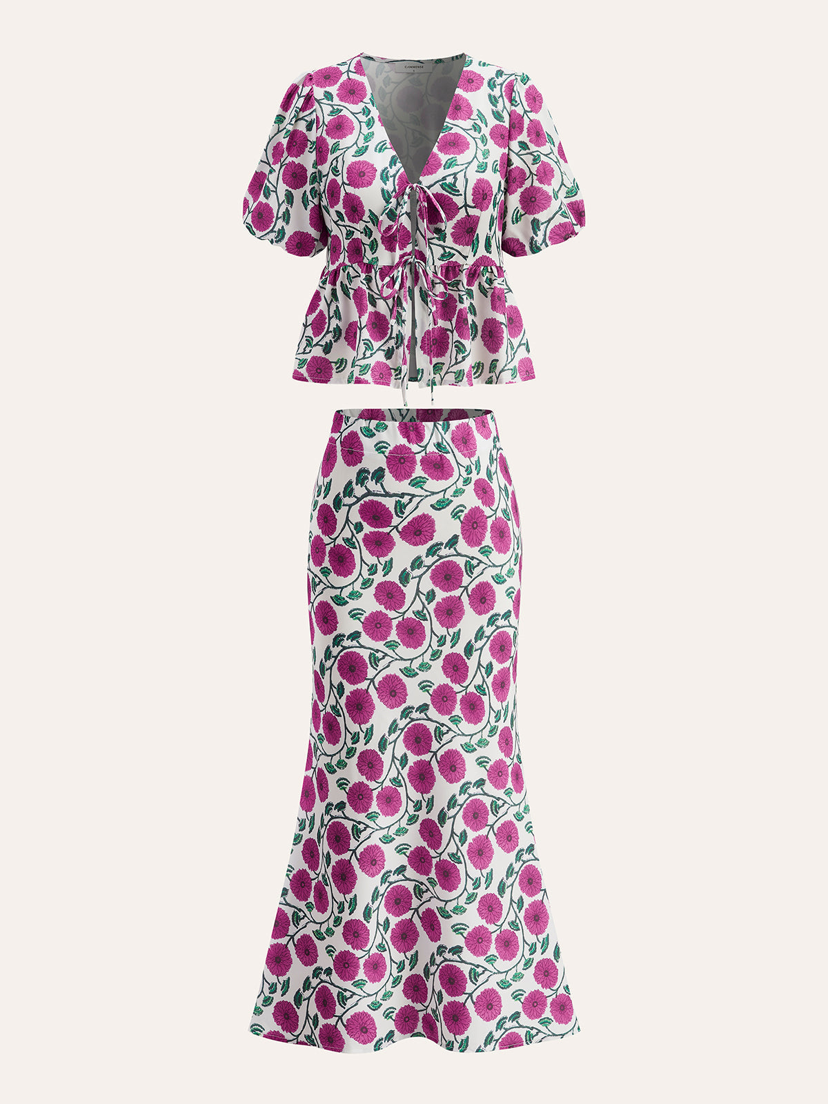 Ensemble jupe bohème à col en V et manches bouffantes avec cordon de serrage