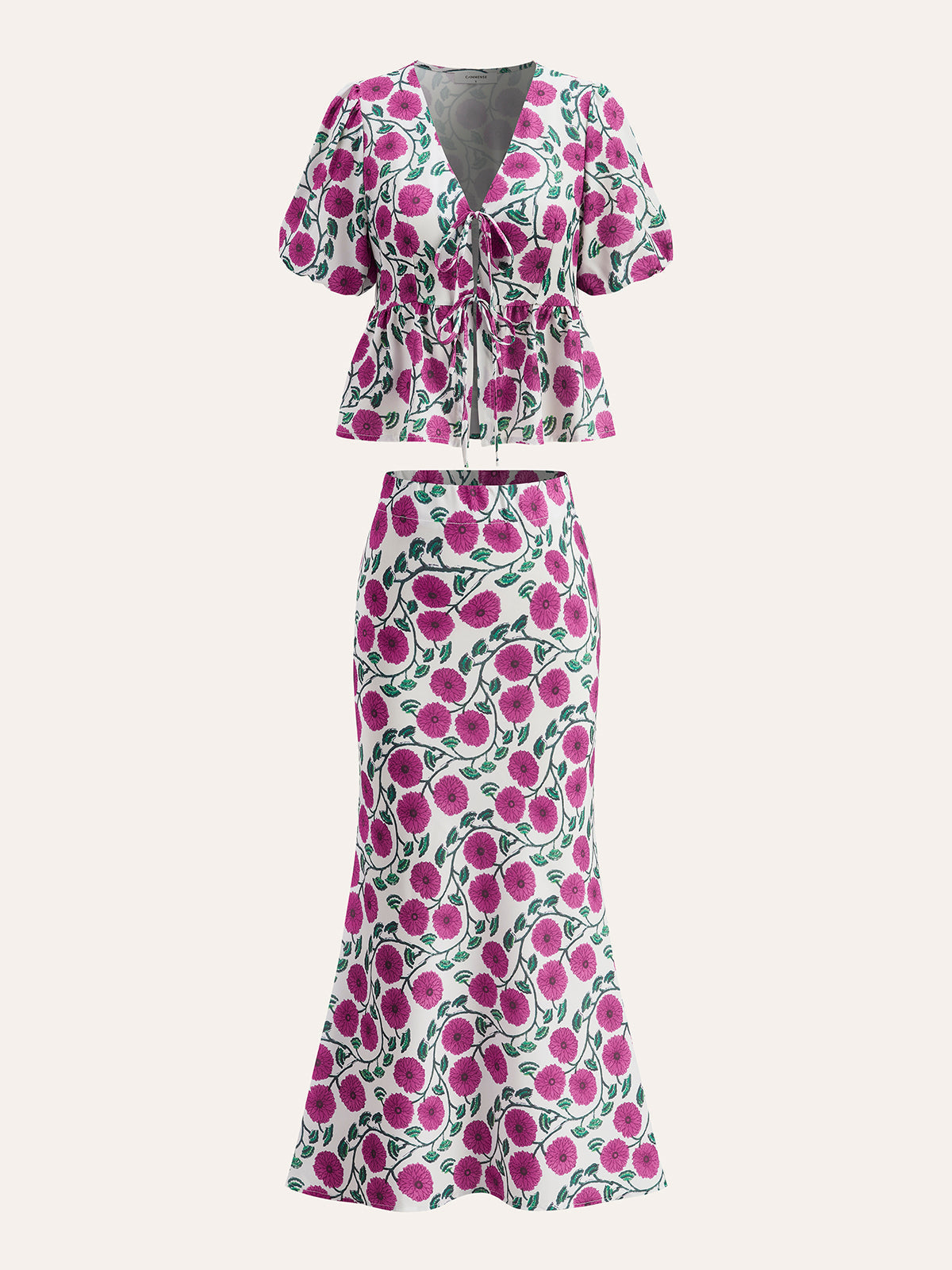 Boho V-Neck Drawstring Puff Sleeve Skirt Set