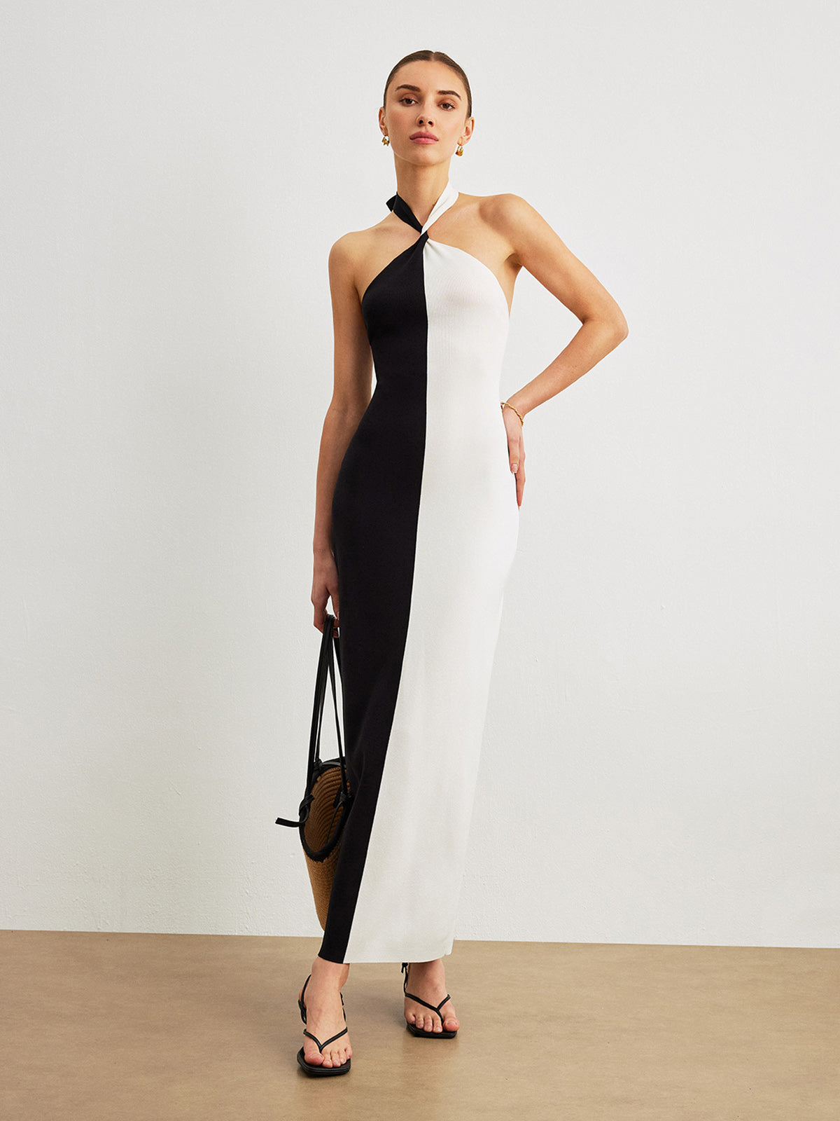 Robe longue dos nu nouée à blocs de couleur
