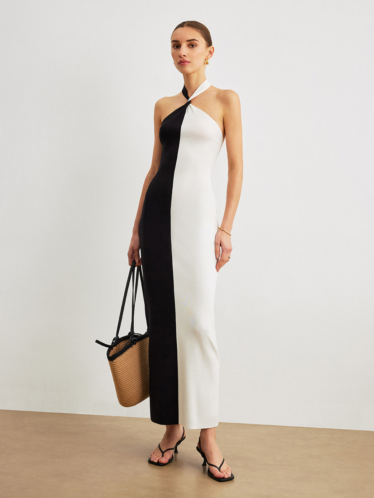 Color Block Halter Knotted Backless Long Dress