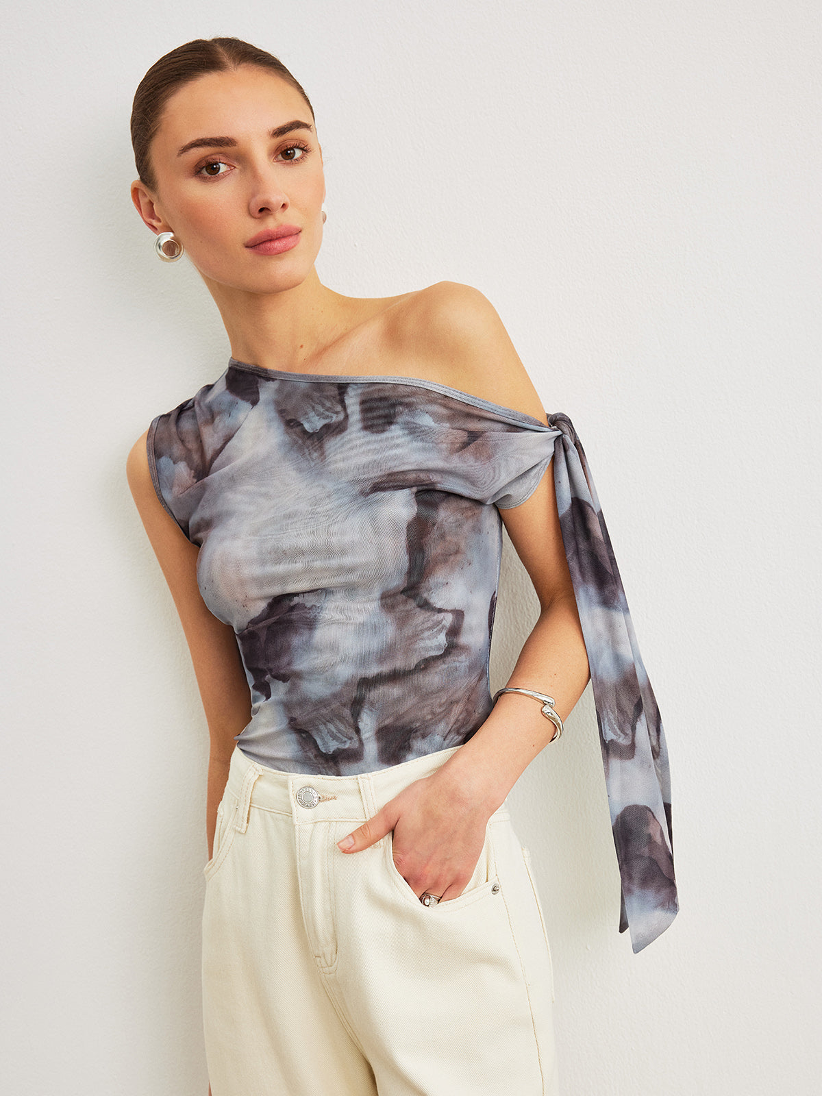 Boho Print Asymmetrical Neck Mesh Draped Blouse