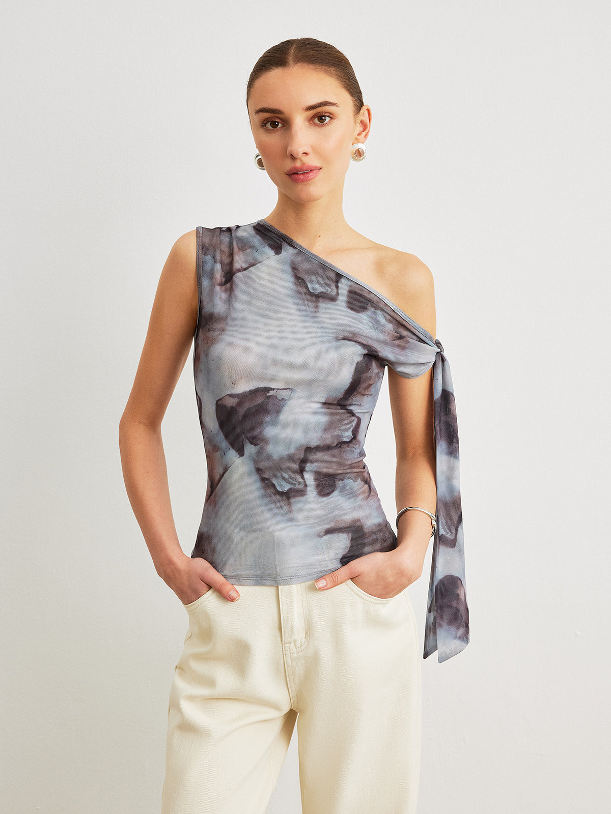 Boho Print Asymmetrical Neck Mesh Draped Blouse