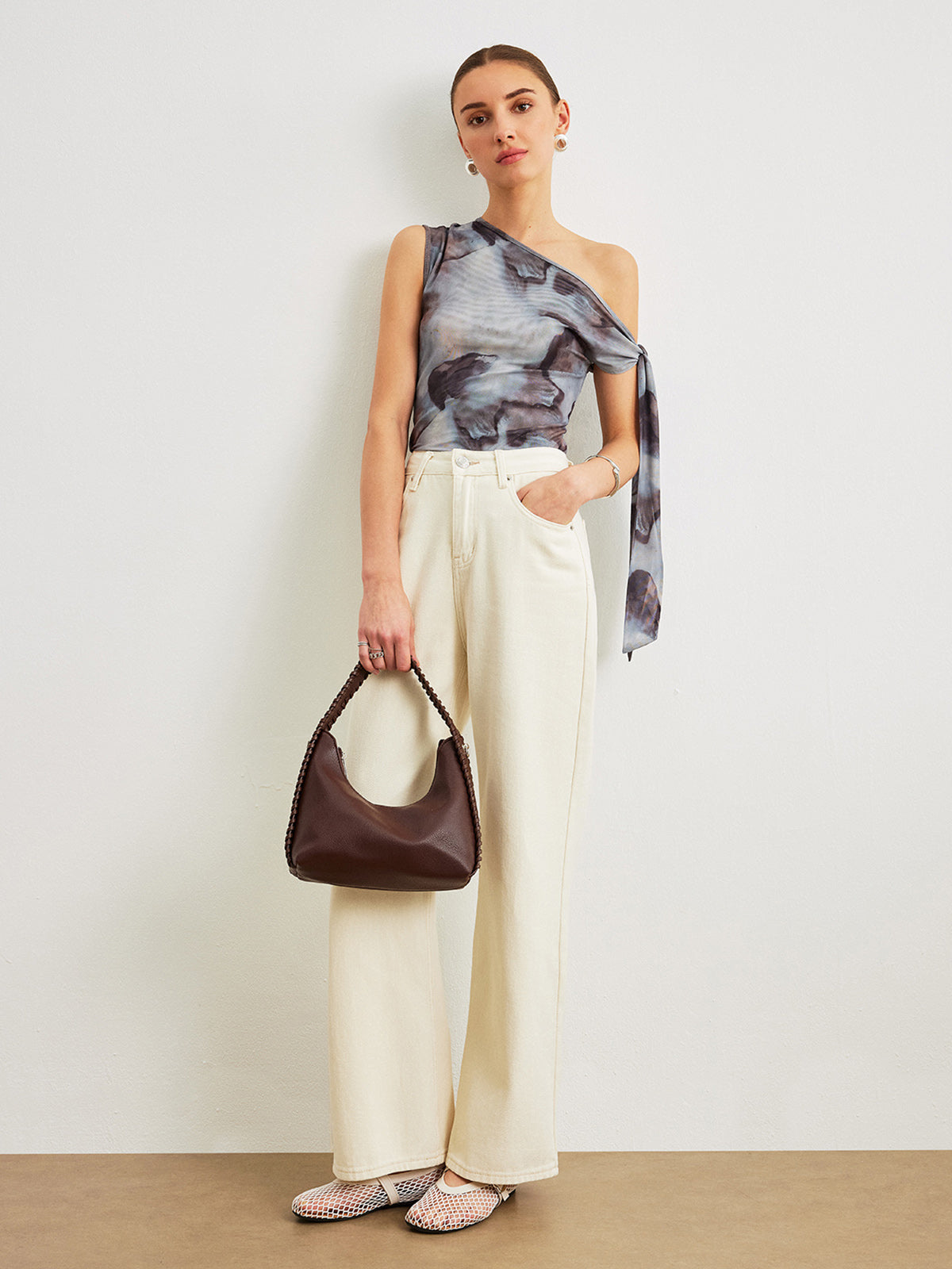 Boho Print Asymmetrical Neck Mesh Draped Blouse