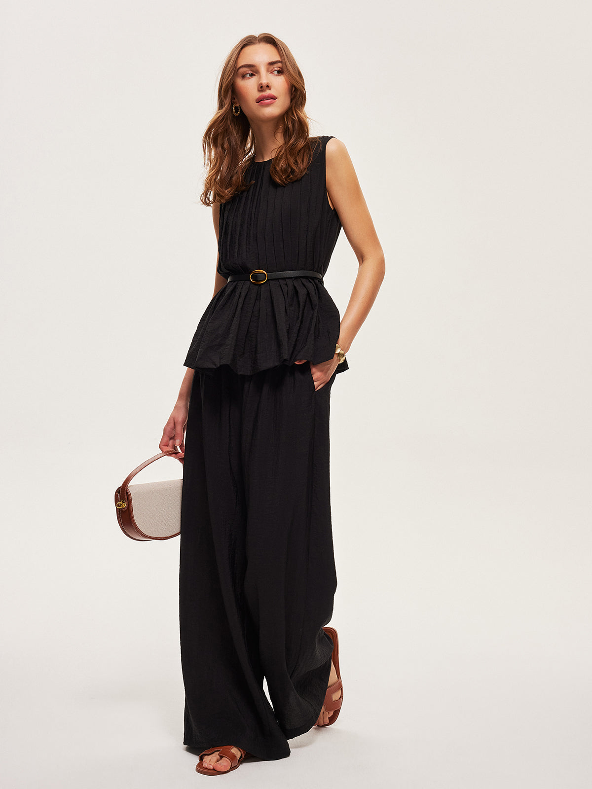 Ensemble haut péplum et pantalon large avec ceinture