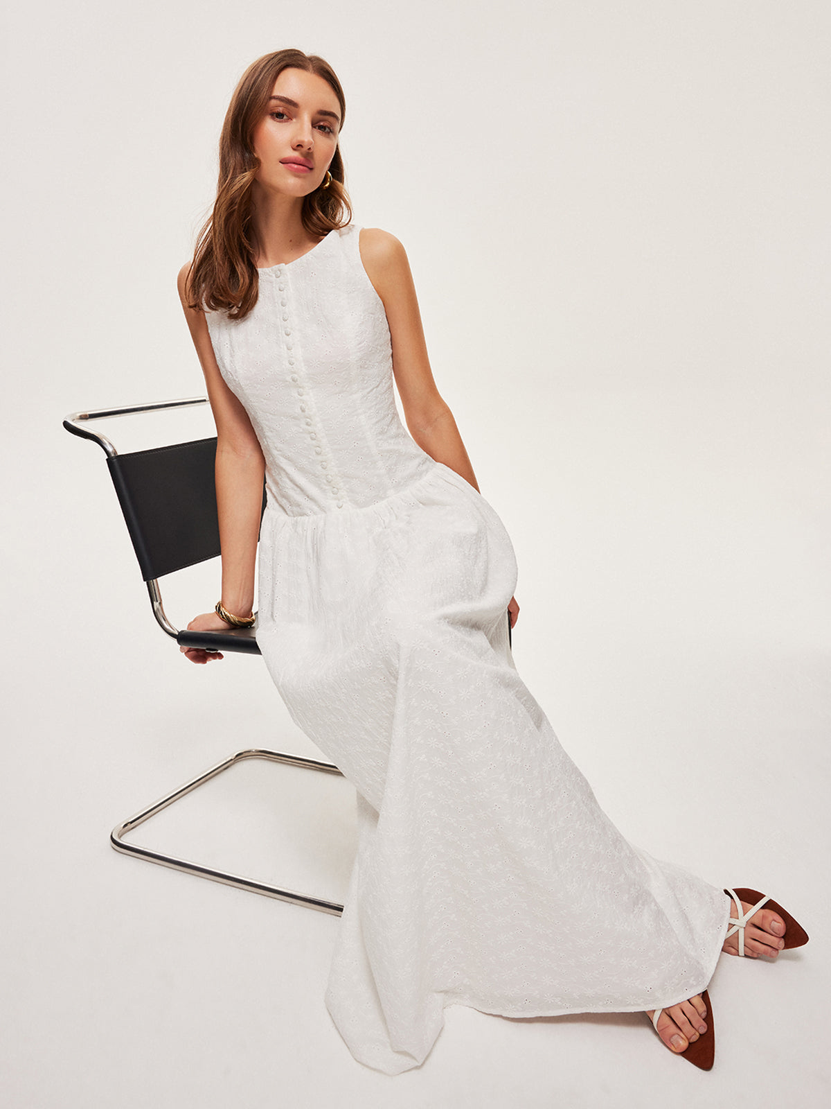 Button-Front Cotton Sleeveless Dress