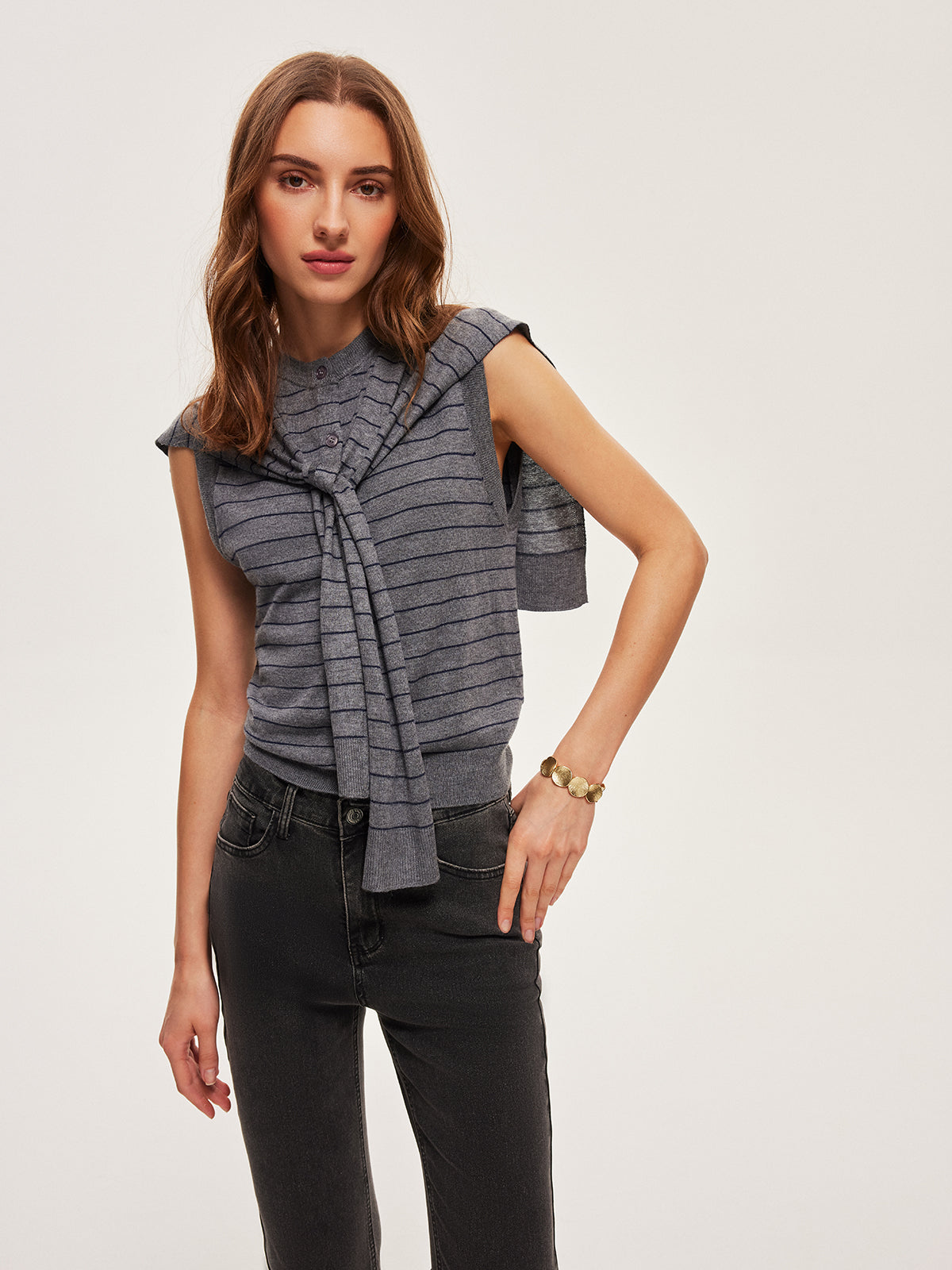2 In 1 Striped Knotted Button Sleeveless Sweater Vest