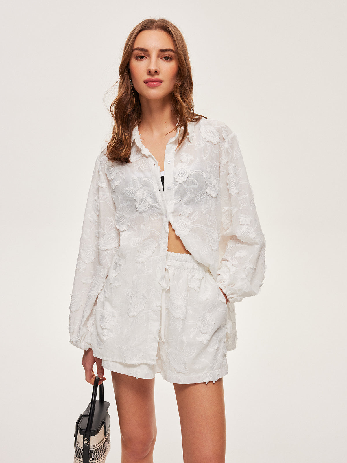 Semi-transparentes besticktes Baumwollhemd mit Shorts-Set