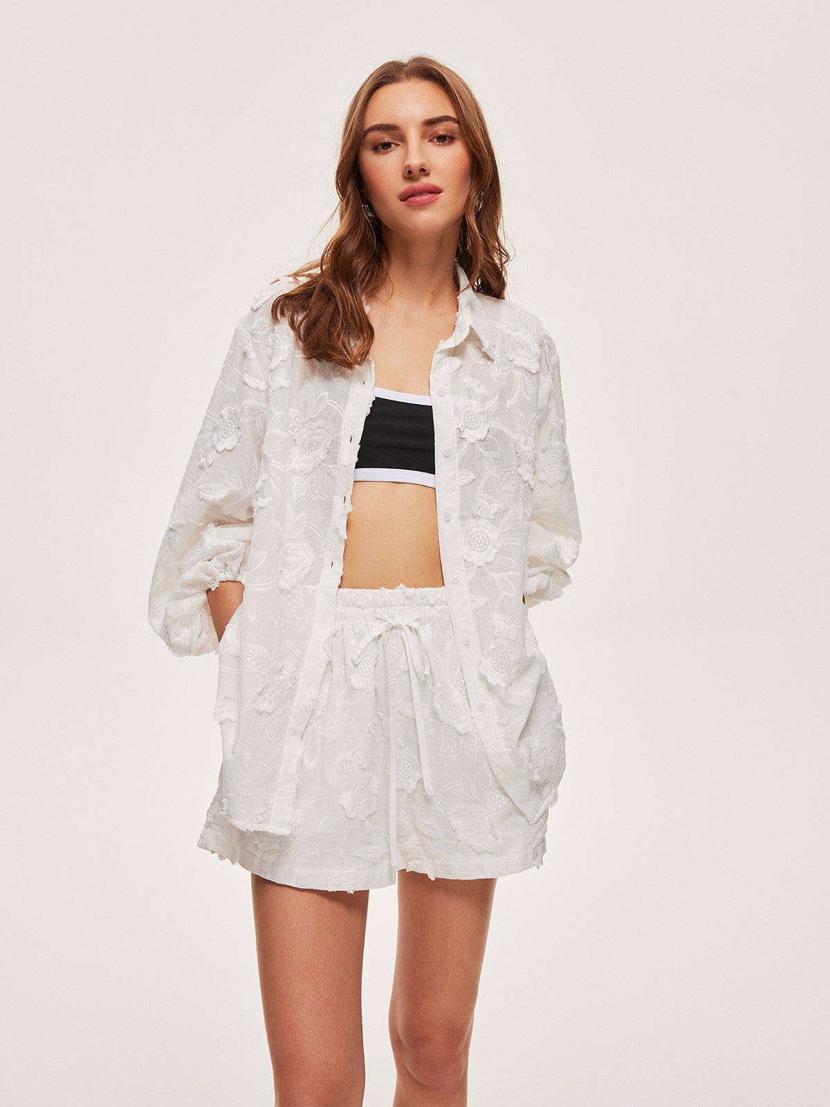 Semi-transparentes besticktes Baumwollhemd mit Shorts-Set