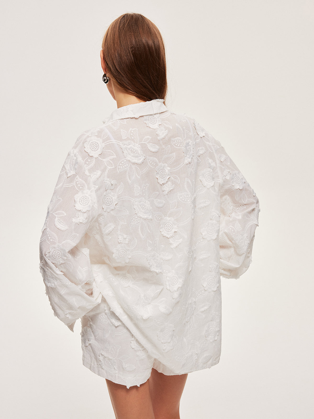 Semi-transparentes besticktes Baumwollhemd mit Shorts-Set