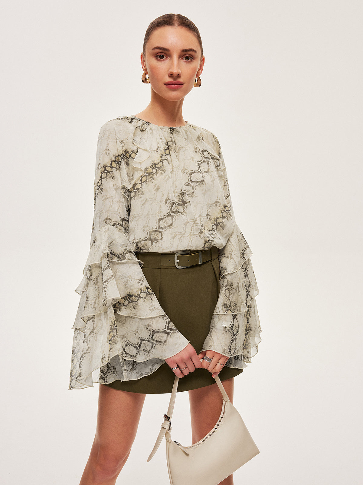 Semi-Sheer Print Ruffle Sleeve Chiffon Blouse