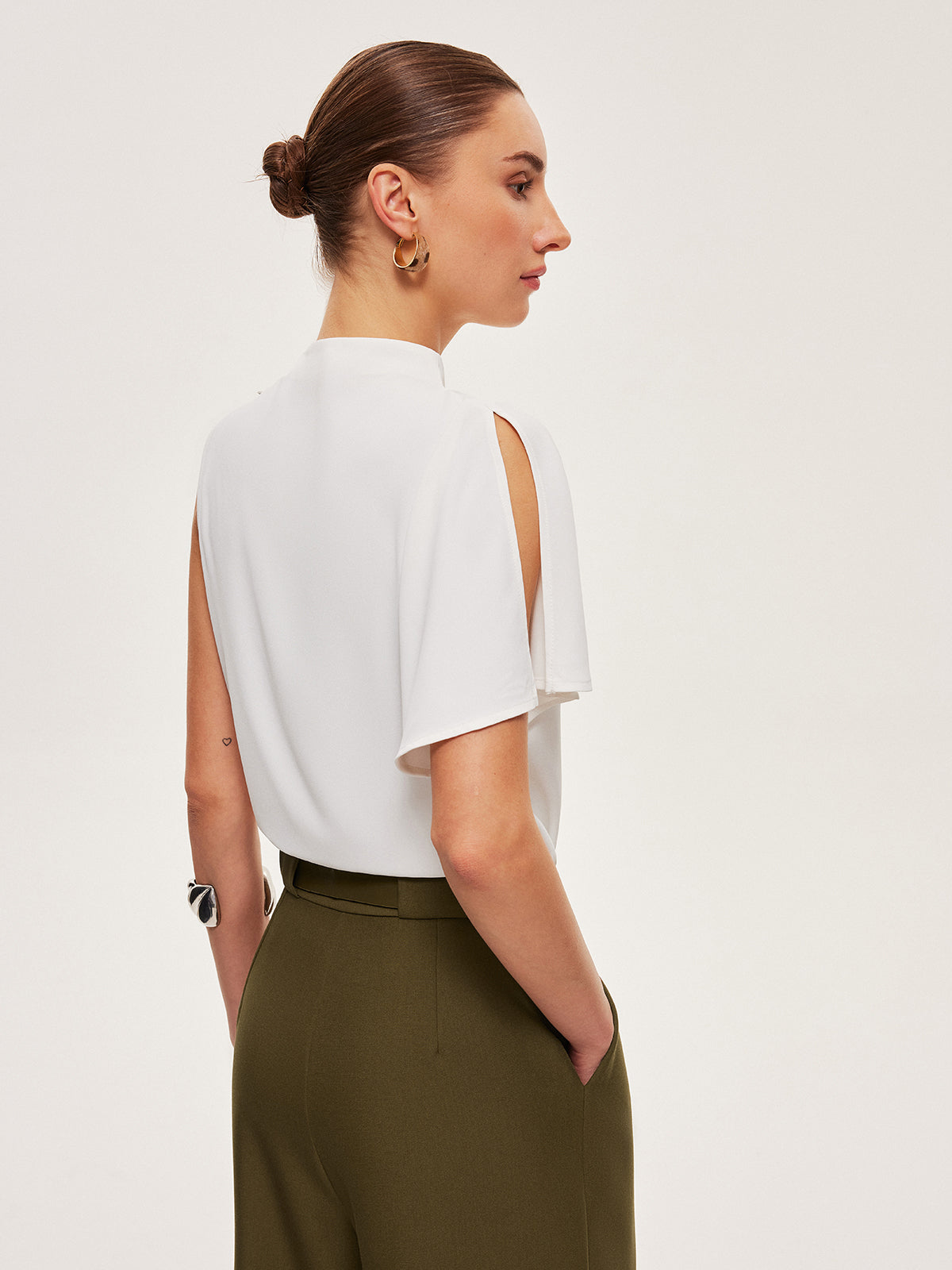 Asymmetric Draped Button-Shoulder Top