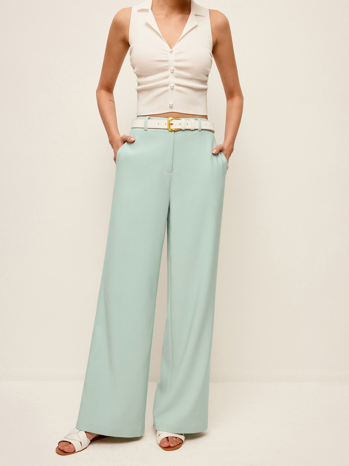 Pantalon large taille mi-haute sans ceinture