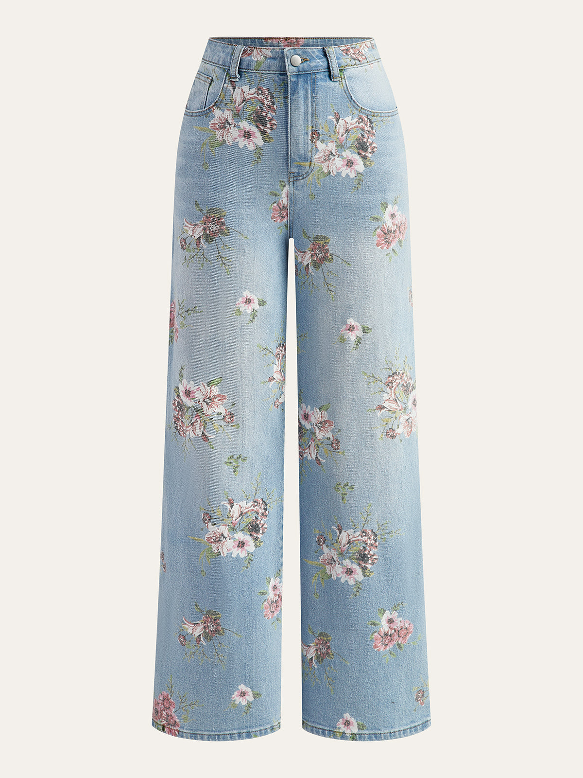 Pantalon en jean taille mi-haute à imprimé floral