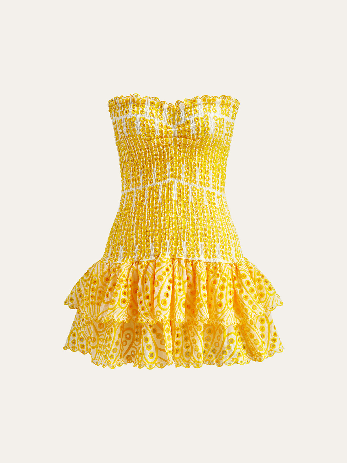 Trägerloses Baumwollkleid mit herzförmigem Dekolleté und besticktem Saum