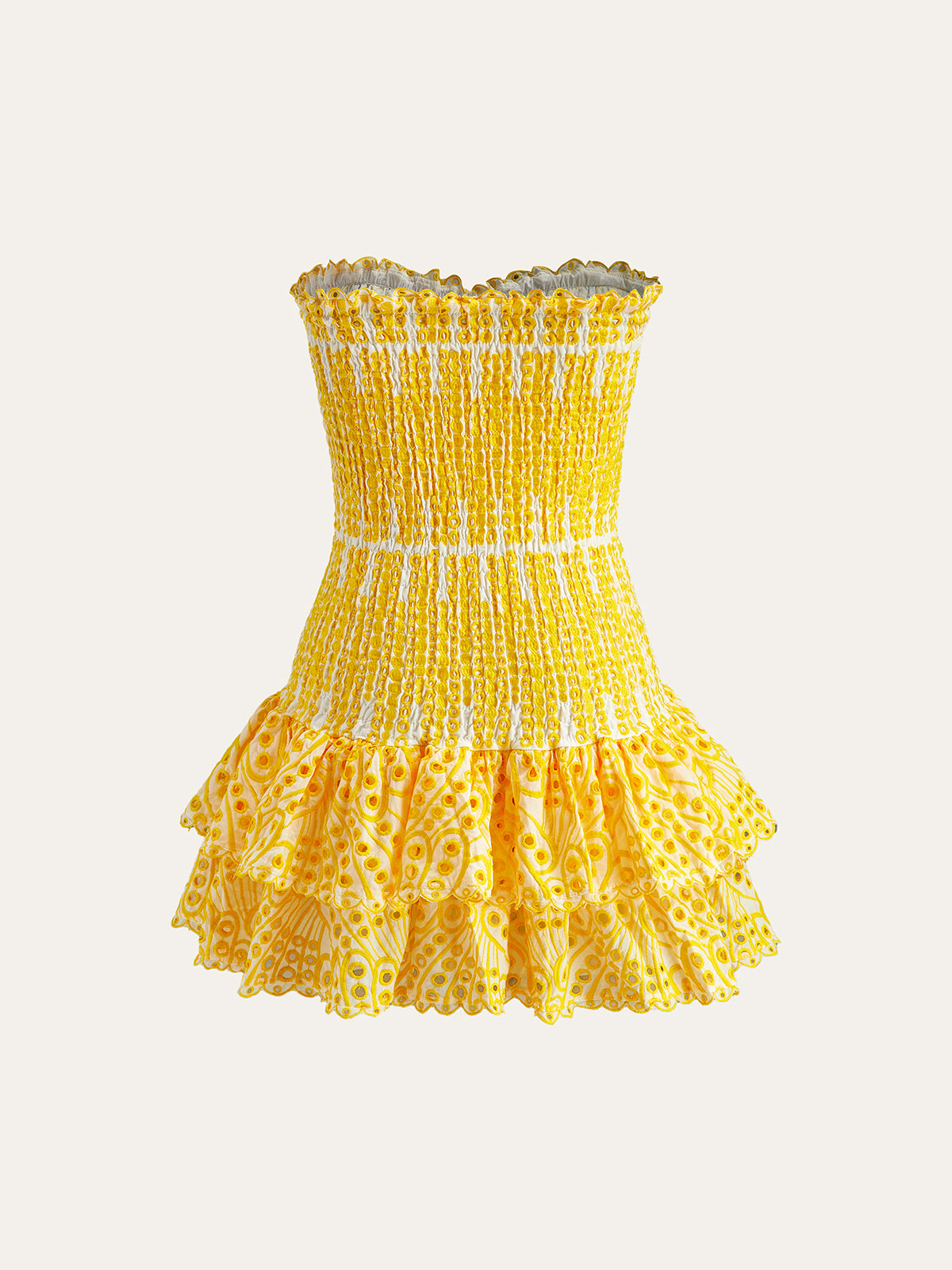 Trägerloses Baumwollkleid mit herzförmigem Dekolleté und besticktem Saum