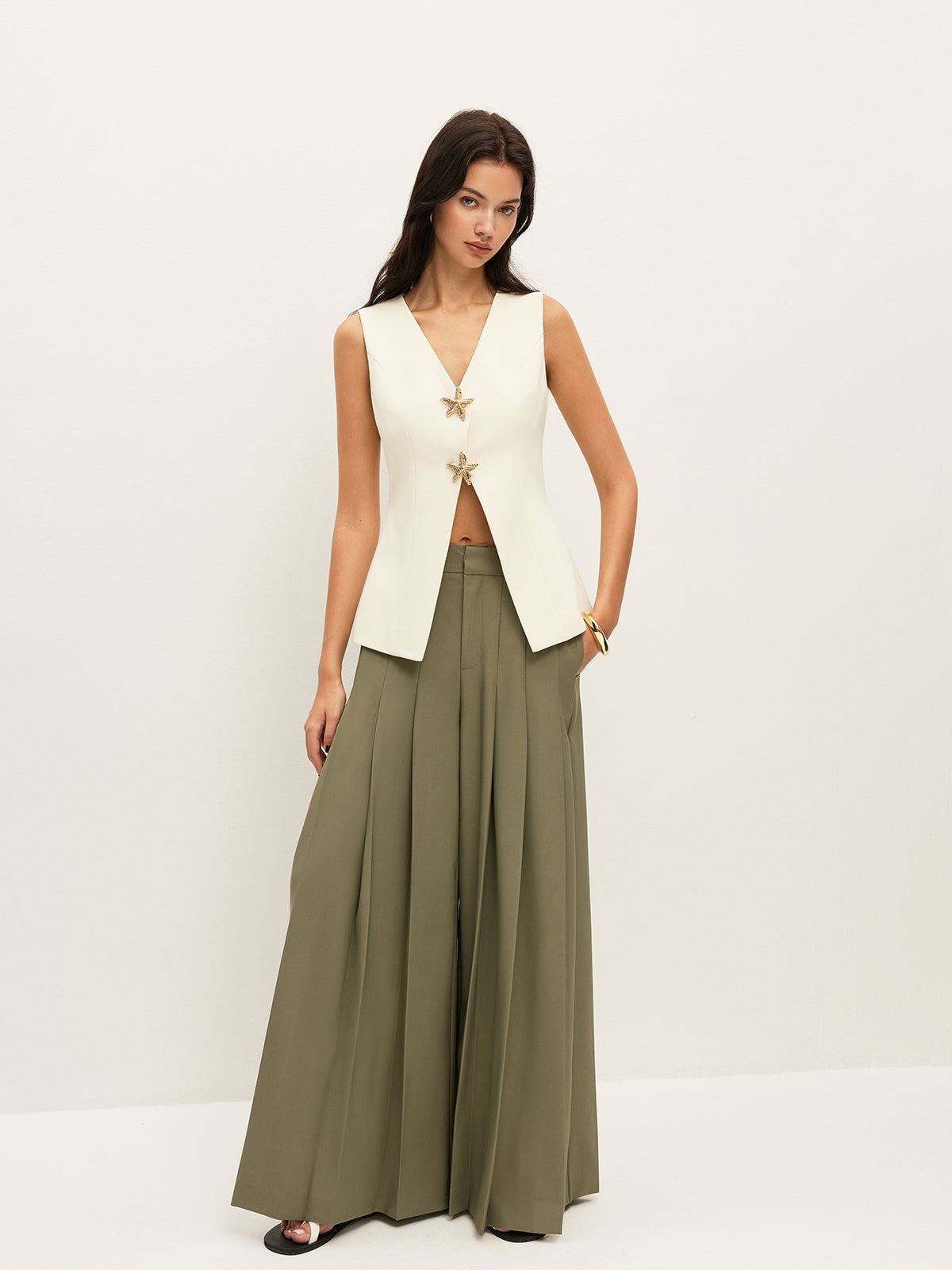 Mid-Waist Pleated Zipper Wide-Leg Pants With Pockets