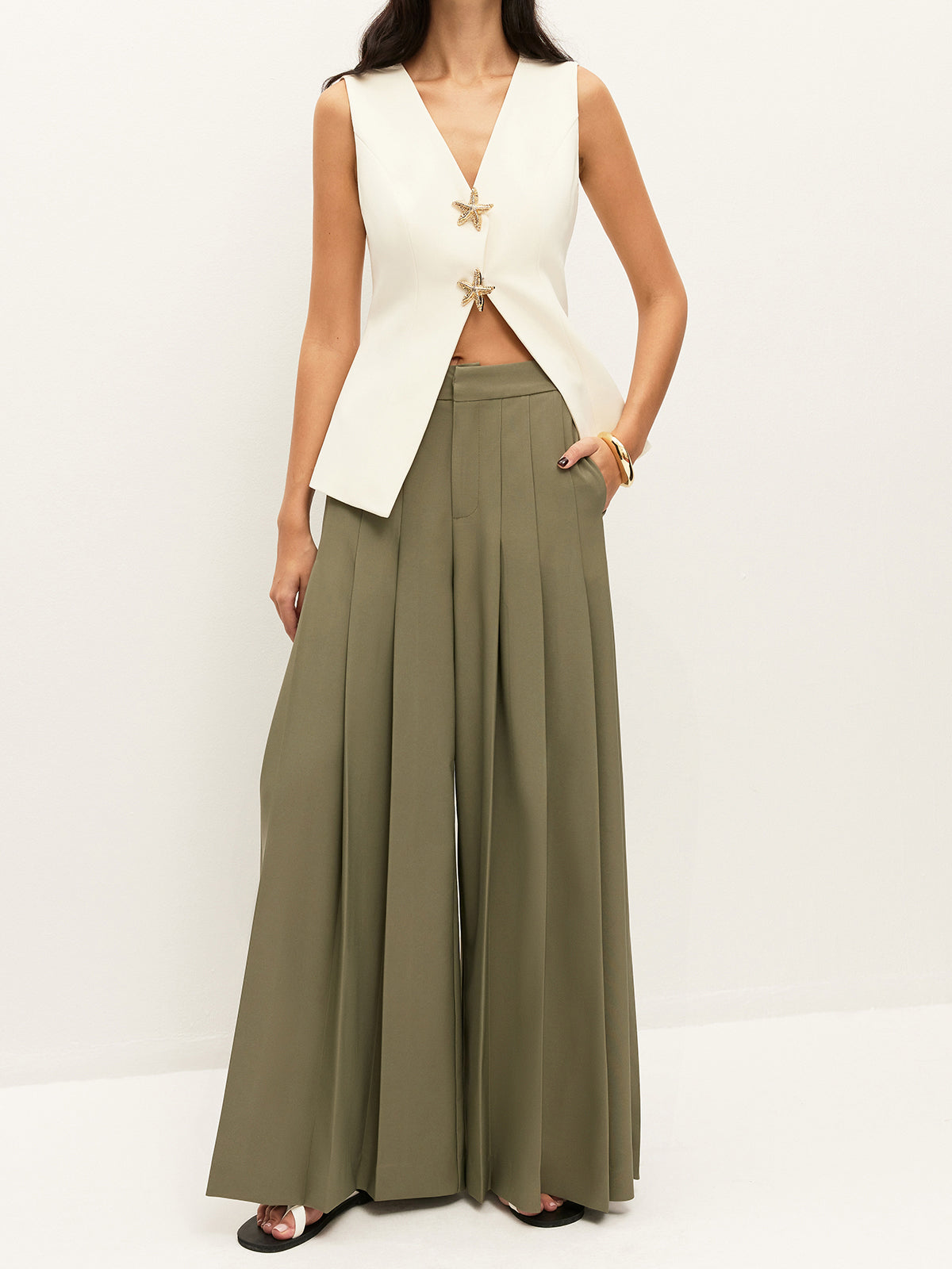 Mid-Waist Pleated Zipper Wide-Leg Pants With Pockets