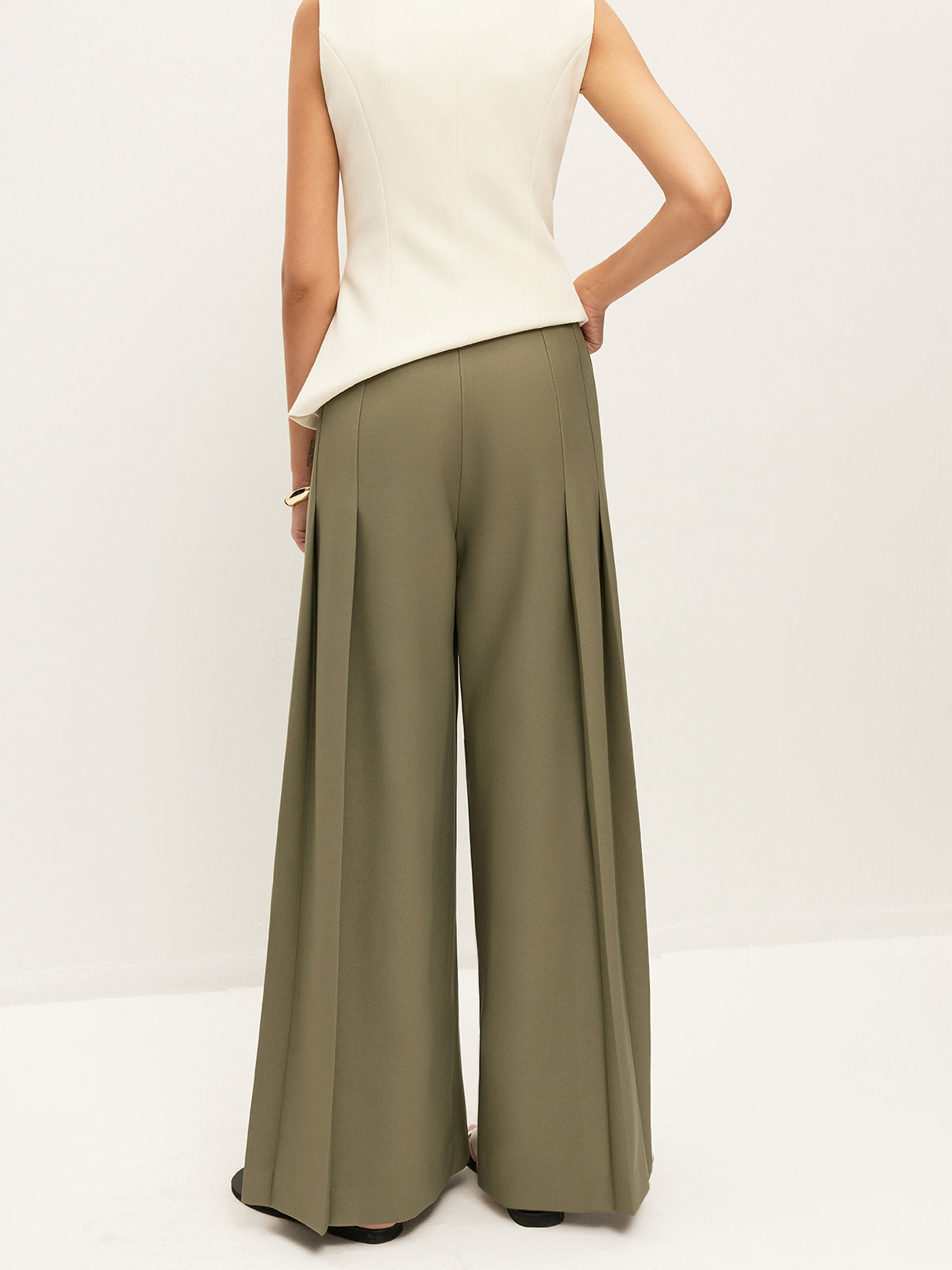 Mid-Waist Pleated Zipper Wide-Leg Pants With Pockets