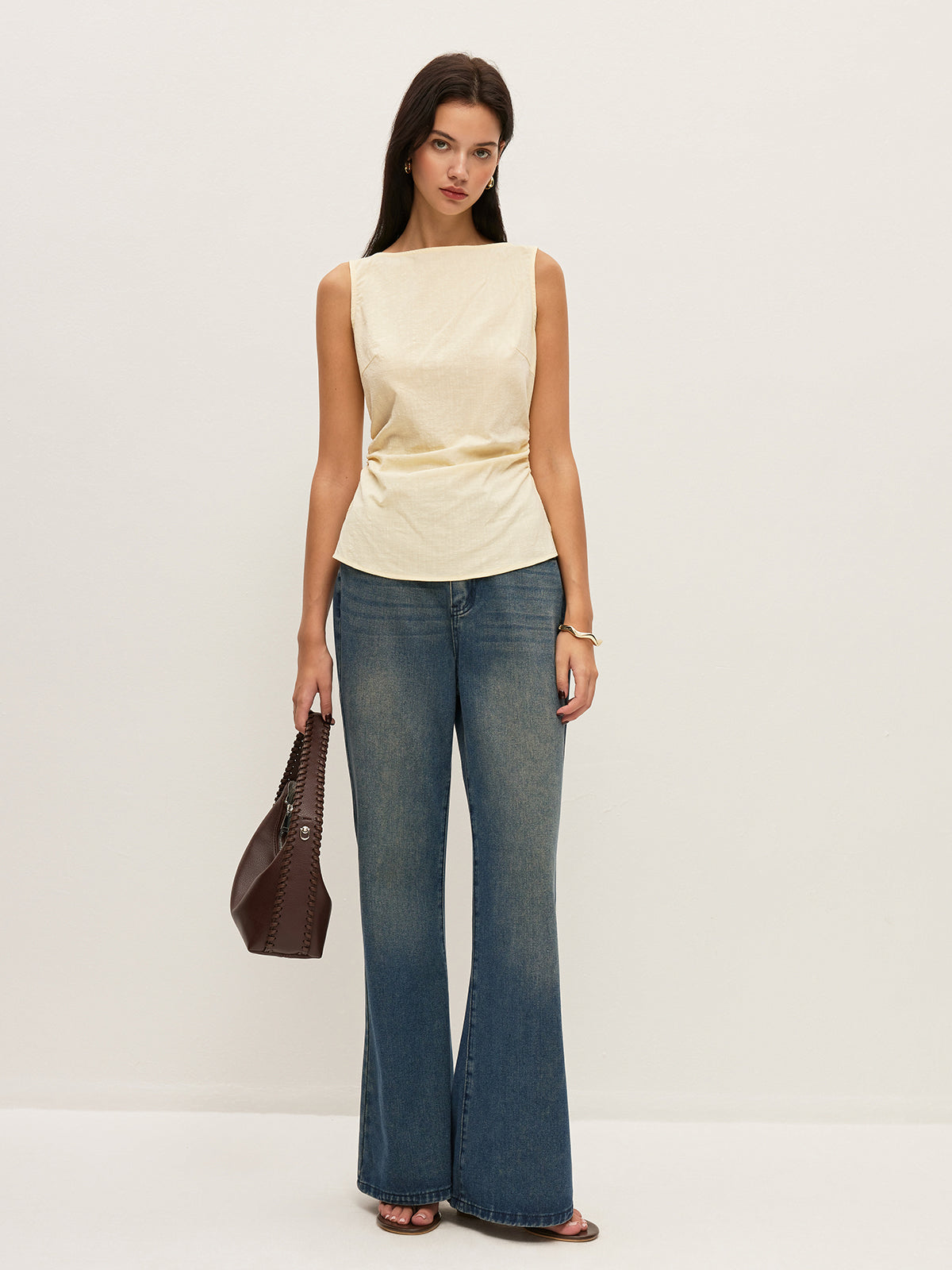 Chemisier sans manches en coton uni à col bateau et taille froncée