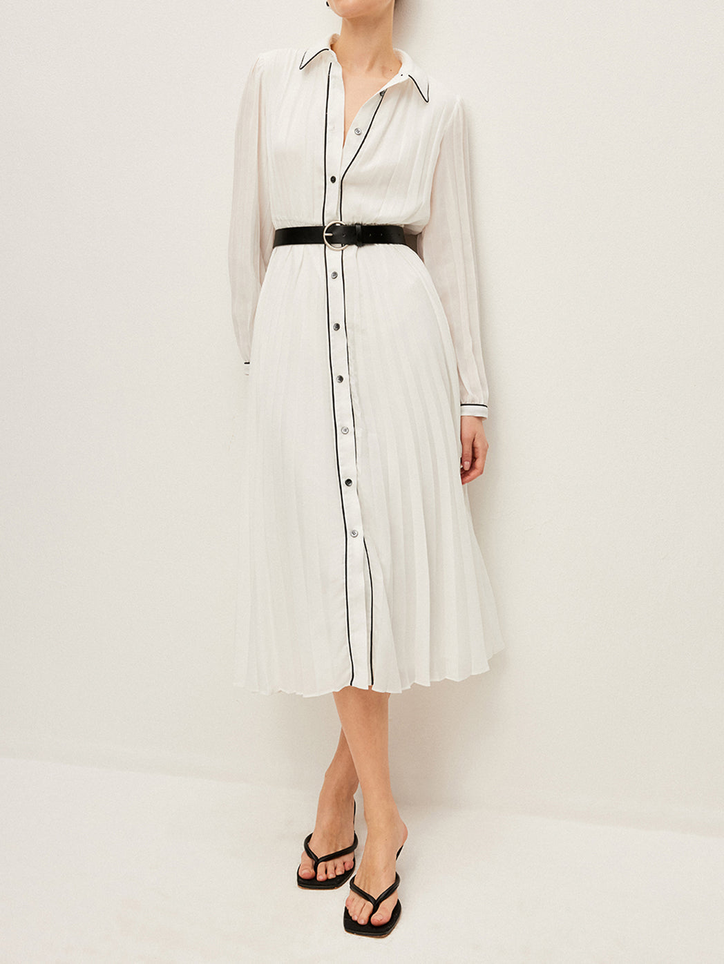 Button-Front Pleated Dress With Belt
