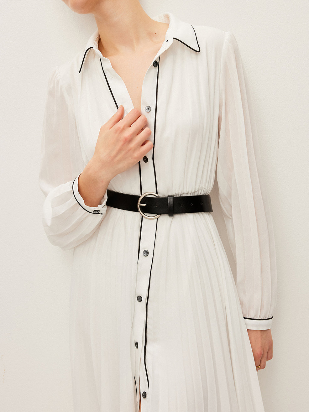 Button-Front Pleated Dress With Belt