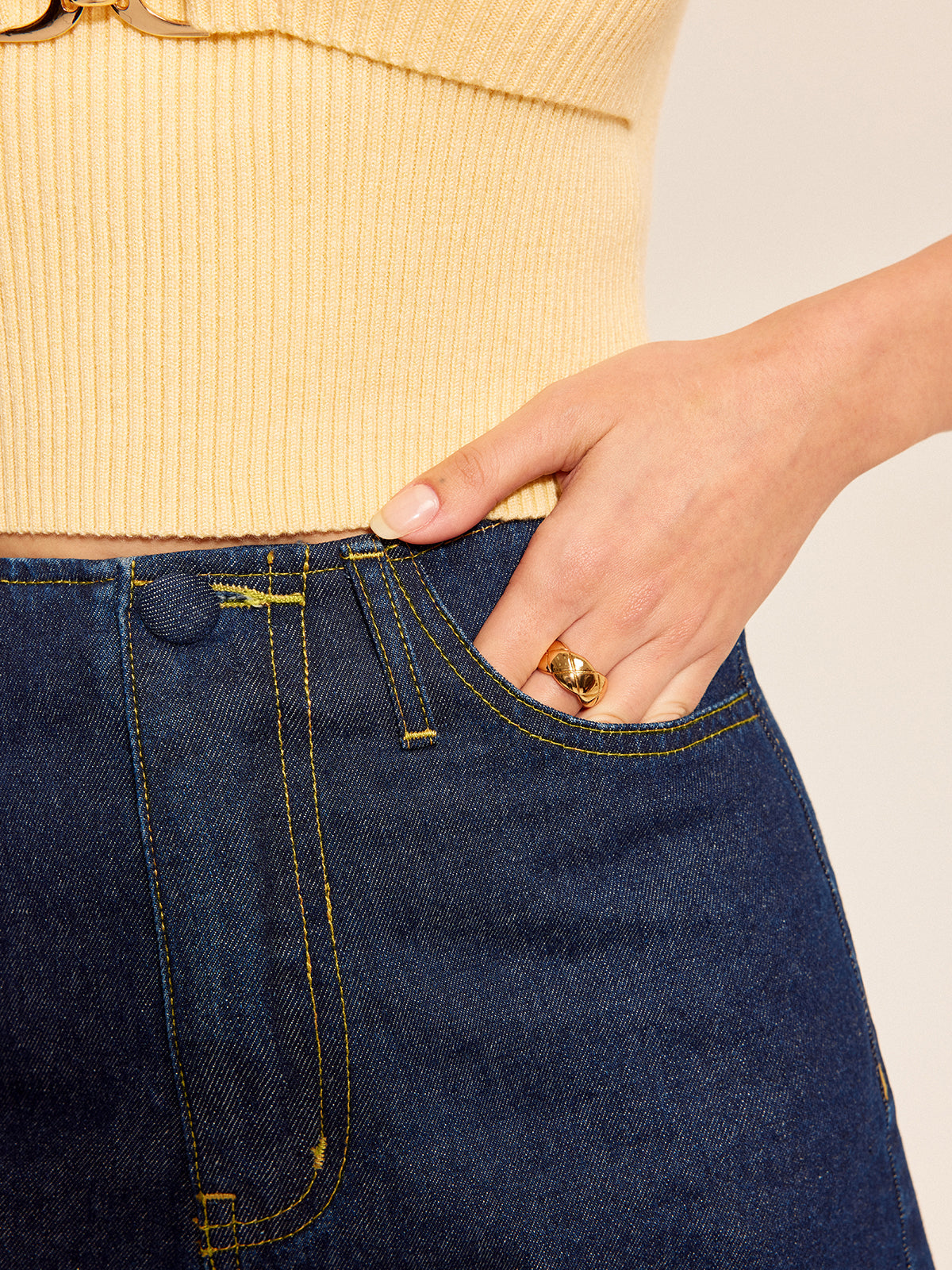 Button Detail Denim Shorts Set With Buckle Accents