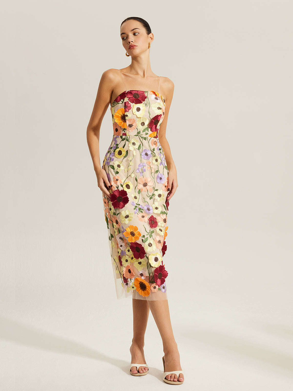 Semi-Sheer Embroidered Floral Dress With Clear Straps