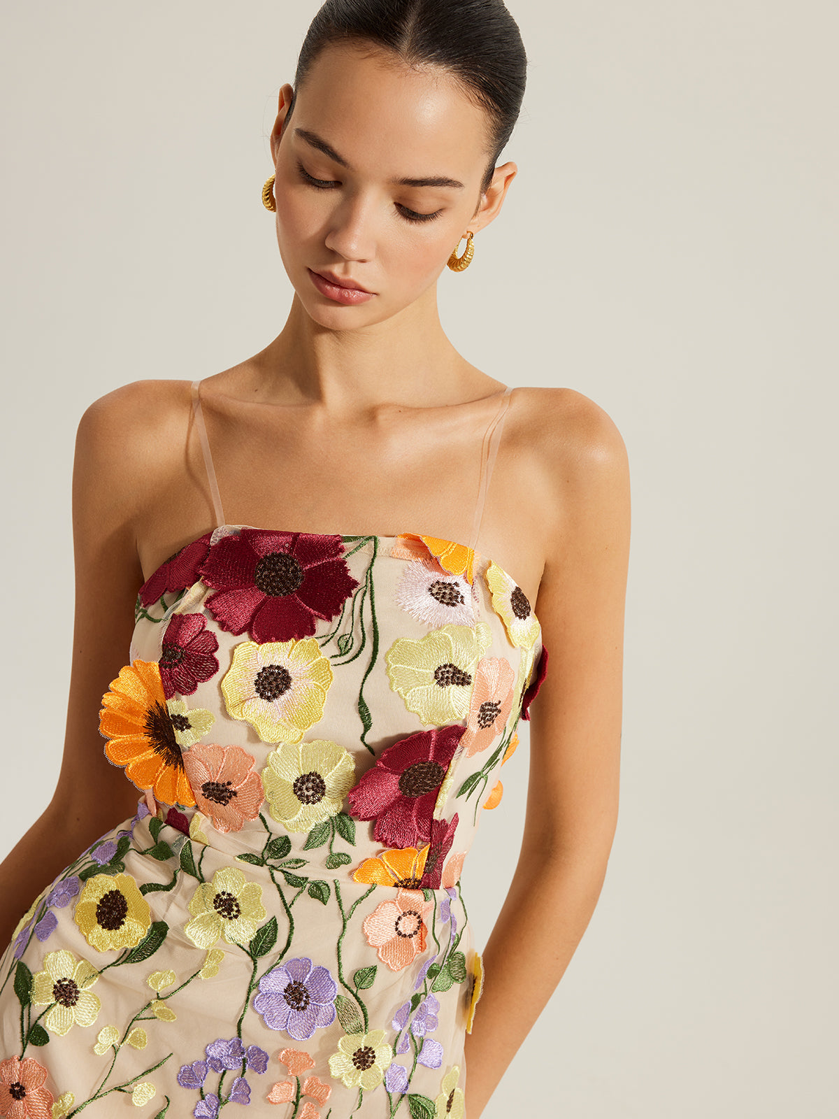 Semi-Sheer Embroidered Floral Dress With Clear Straps