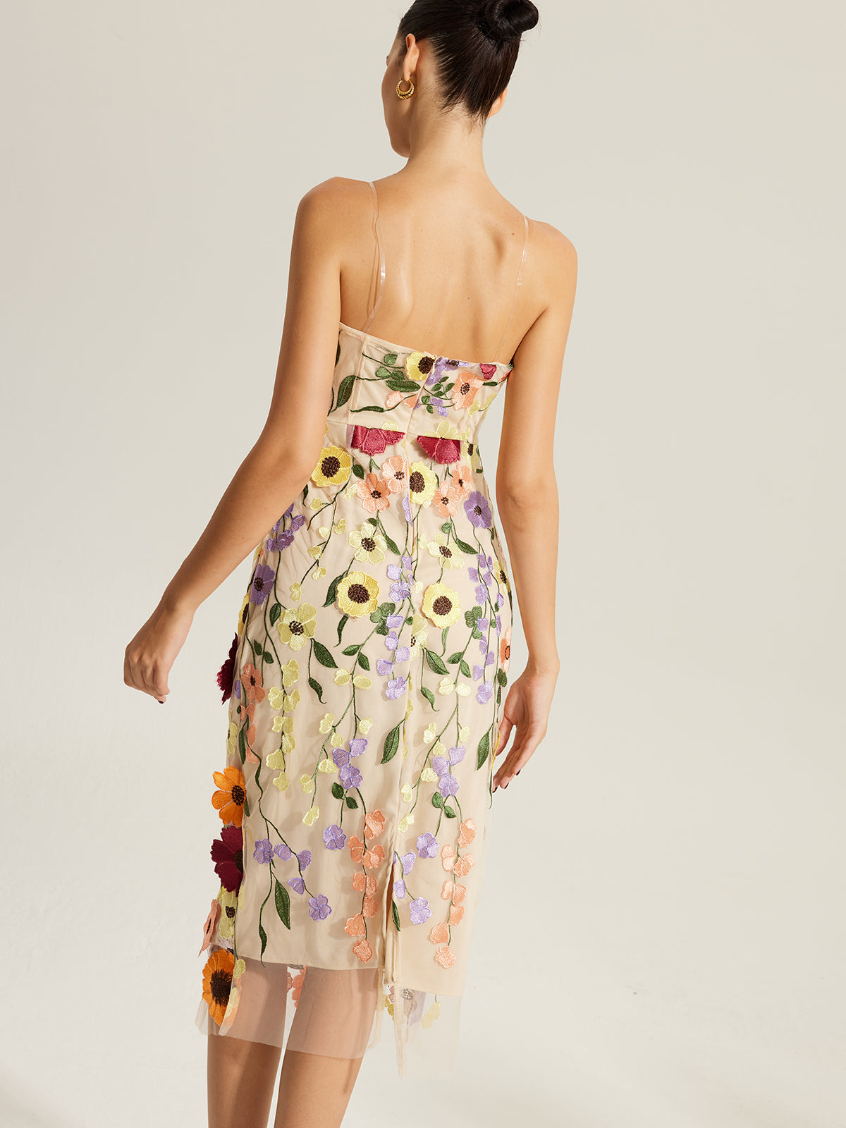 Semi-Sheer Embroidered Floral Dress With Clear Straps