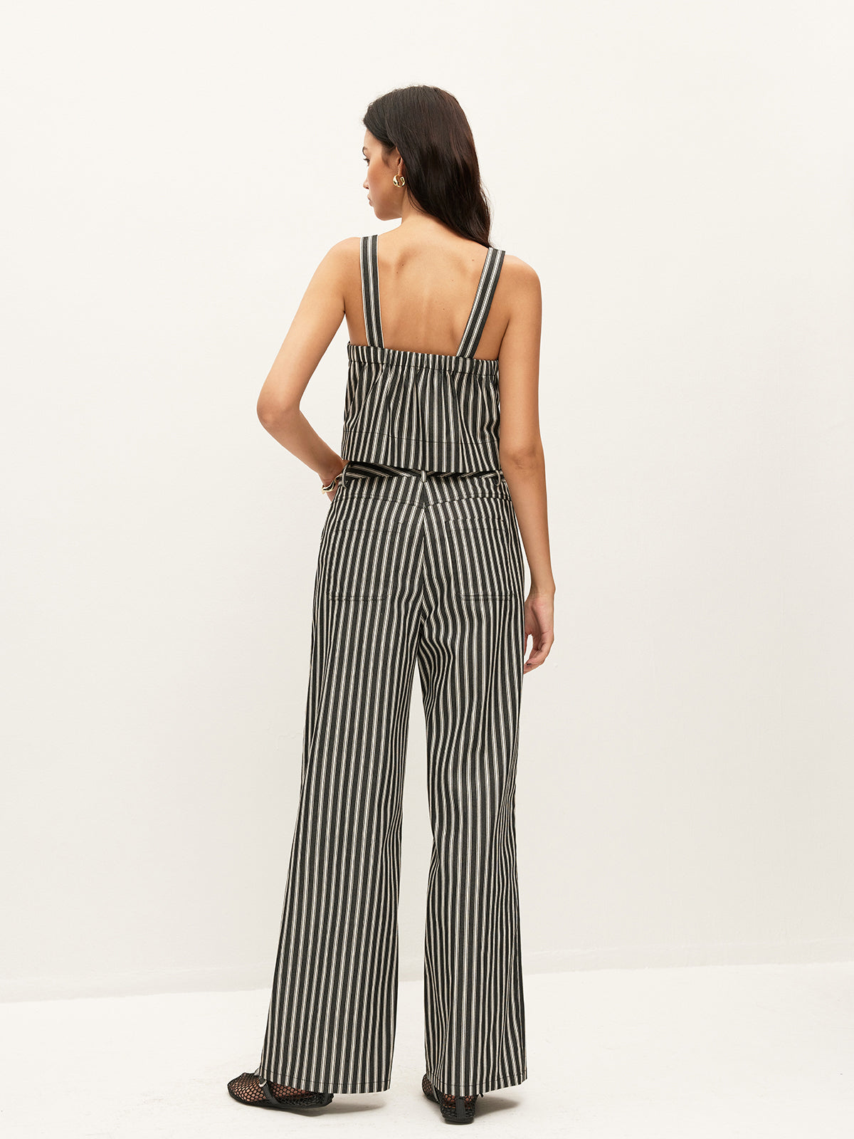 Pantalon rayé taille mi-haute avec poches et sans ceinture