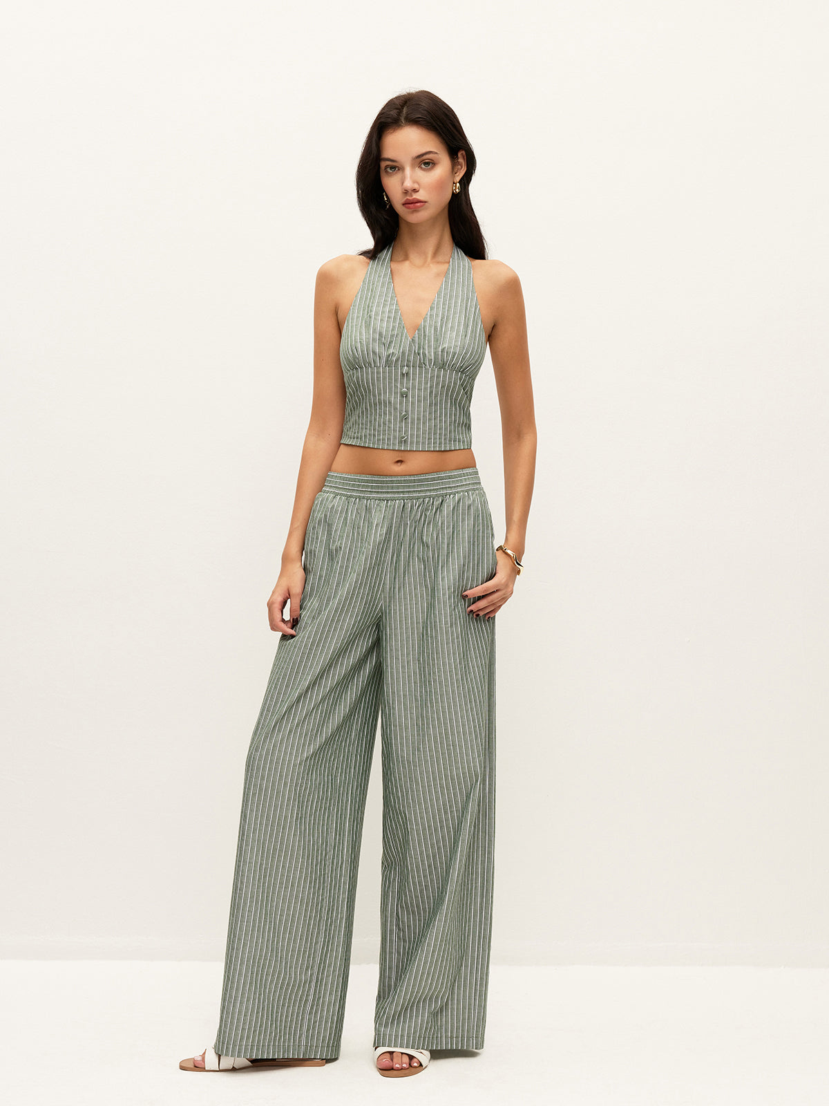 Ensemble top court licou rayé boutonné et pantalon
