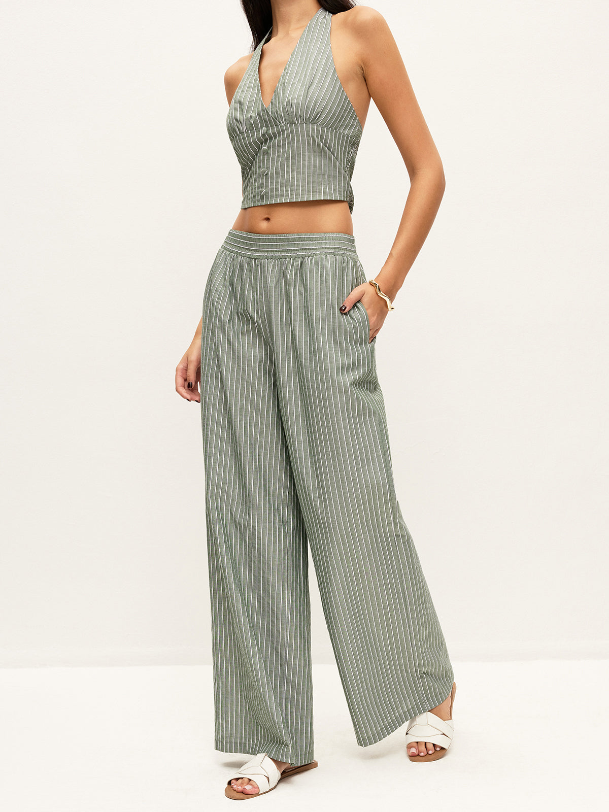 Striped Button-Detail Halter Top With Pants Set