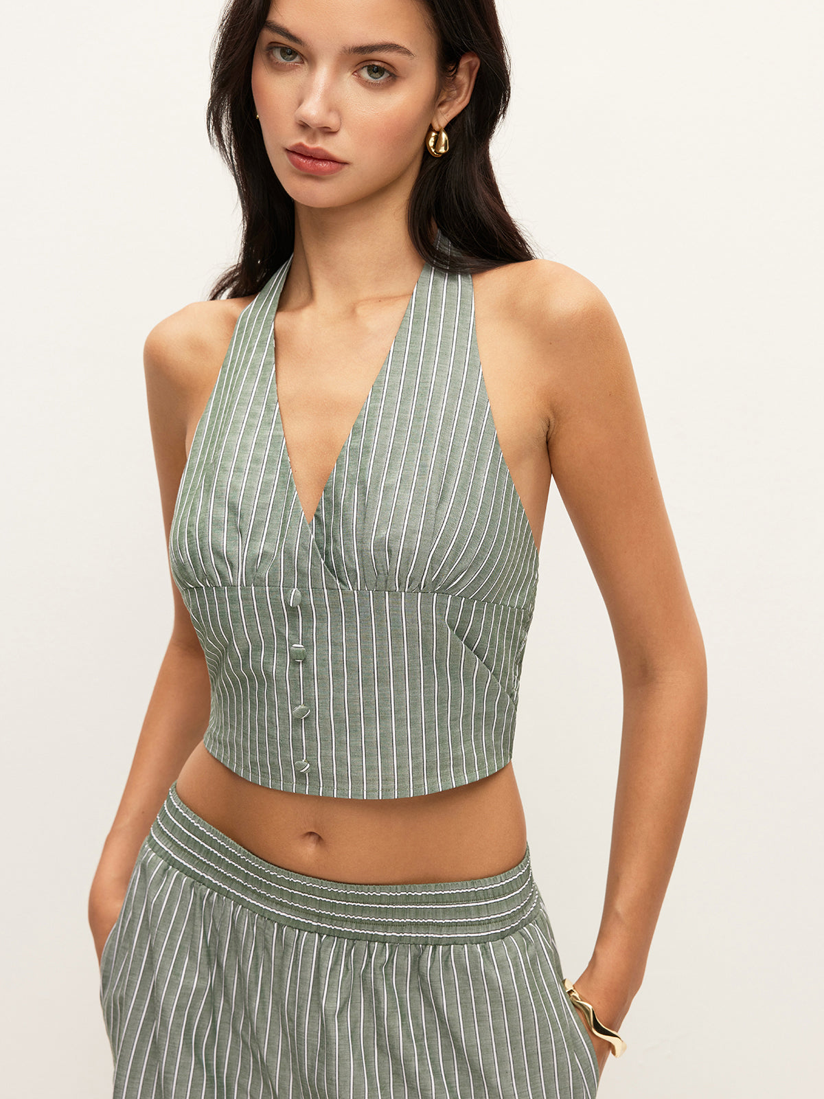 Ensemble top court licou rayé boutonné et pantalon