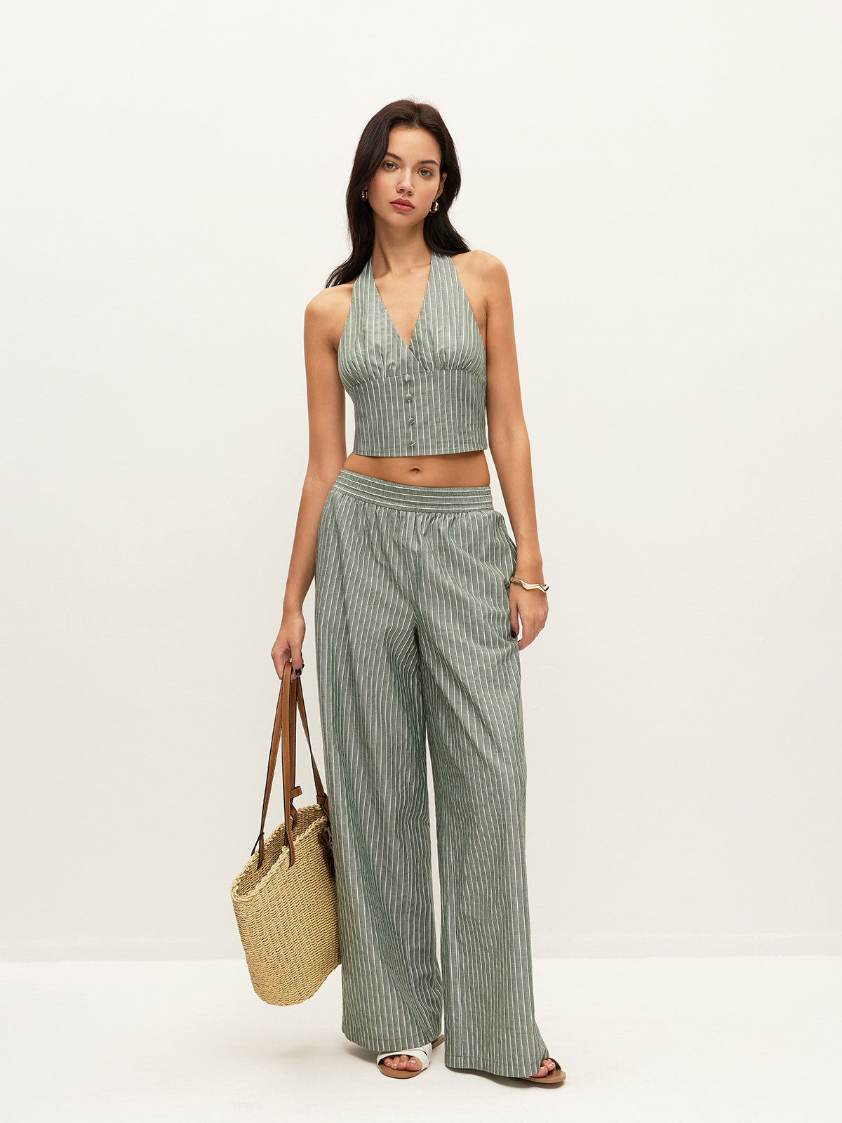 Ensemble top court licou rayé boutonné et pantalon