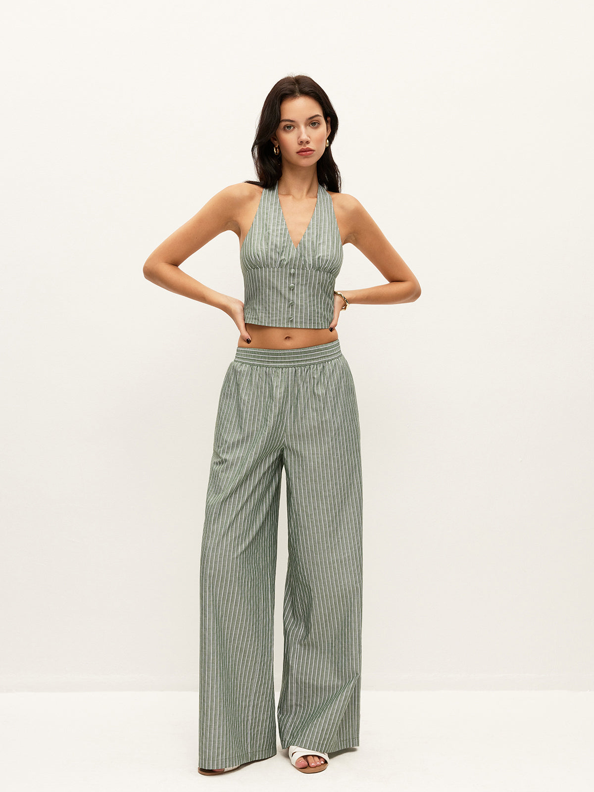 Ensemble top court licou rayé boutonné et pantalon